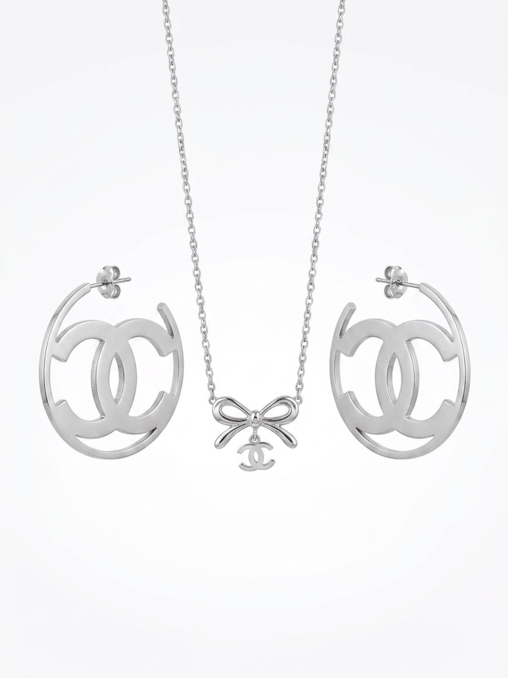 Silver  Bow Pendant Necklace & CC Hoop Earrings Set